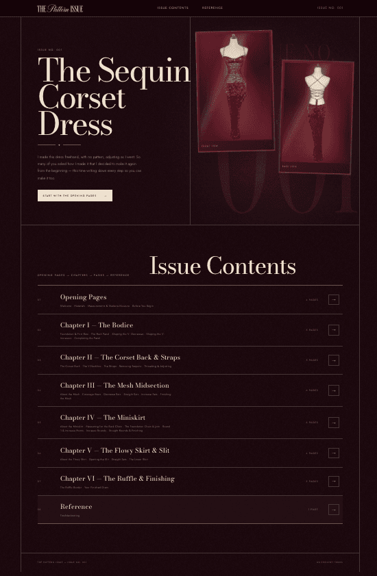 Issue No. 001 contents page listing the Opening Pages, Chapters I through VI, and Reference.