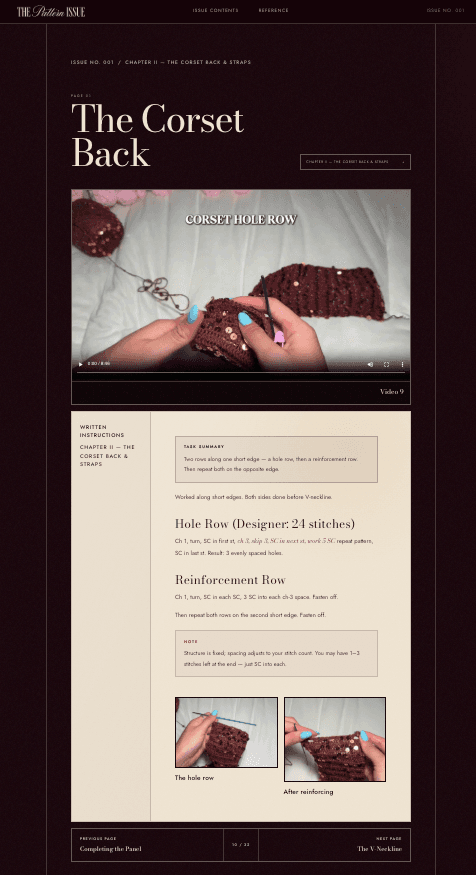 Issue No. 001 instructional pattern page with a video player, written instructions, notes, and supporting visuals.