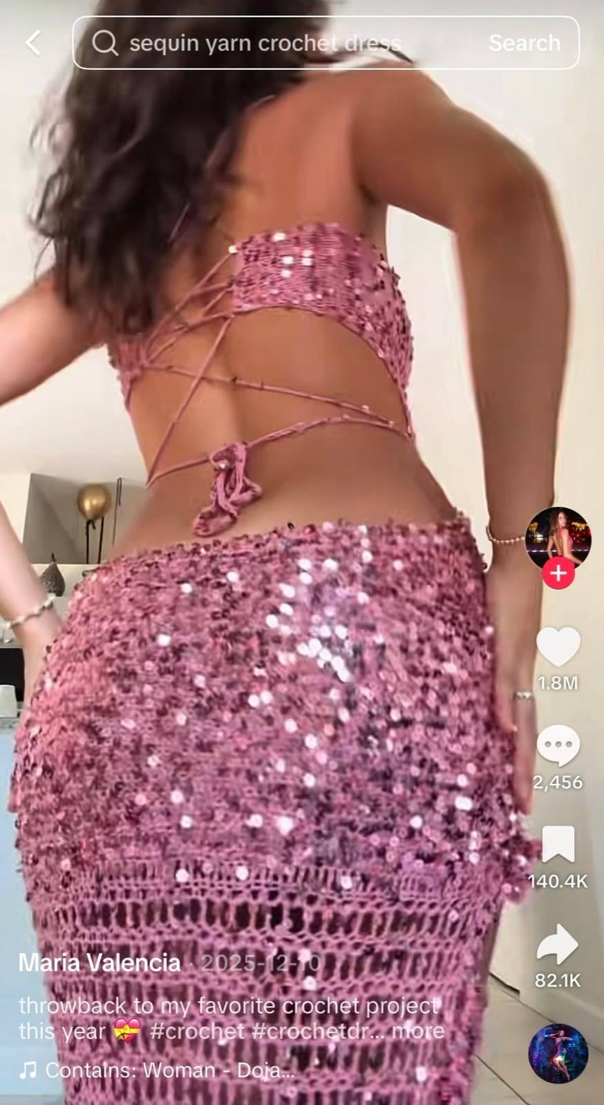 Viral TikTok — close view of the lace-up back of the sequin crochet dress.