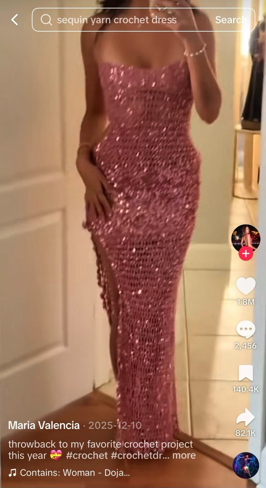 Viral TikTok — full-length mirror view of the pink sequin crochet dress.